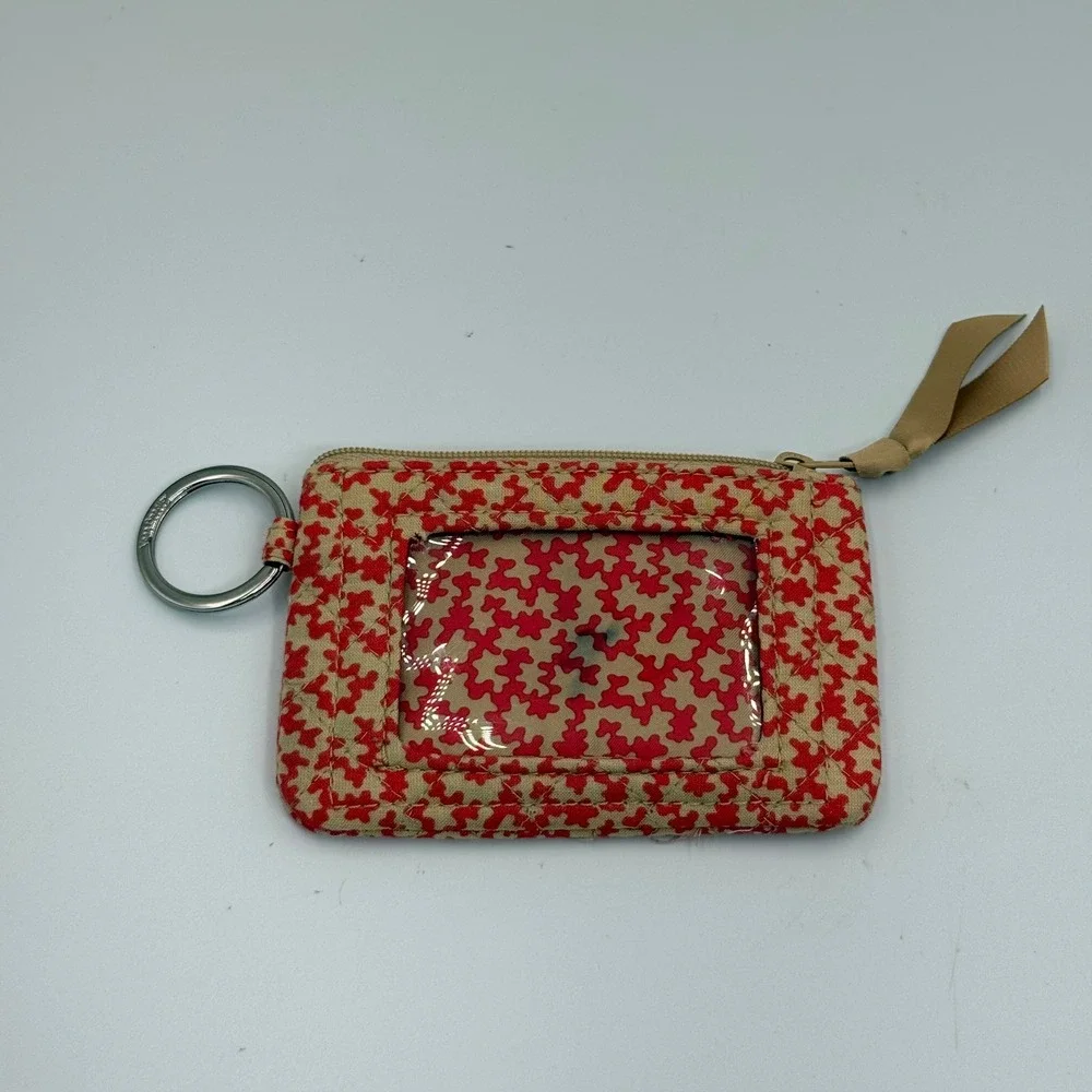 Vera‎ Bradley Zip ID Case Desert Cloud Wallet Red Tan Quilted Cotton Key Ring